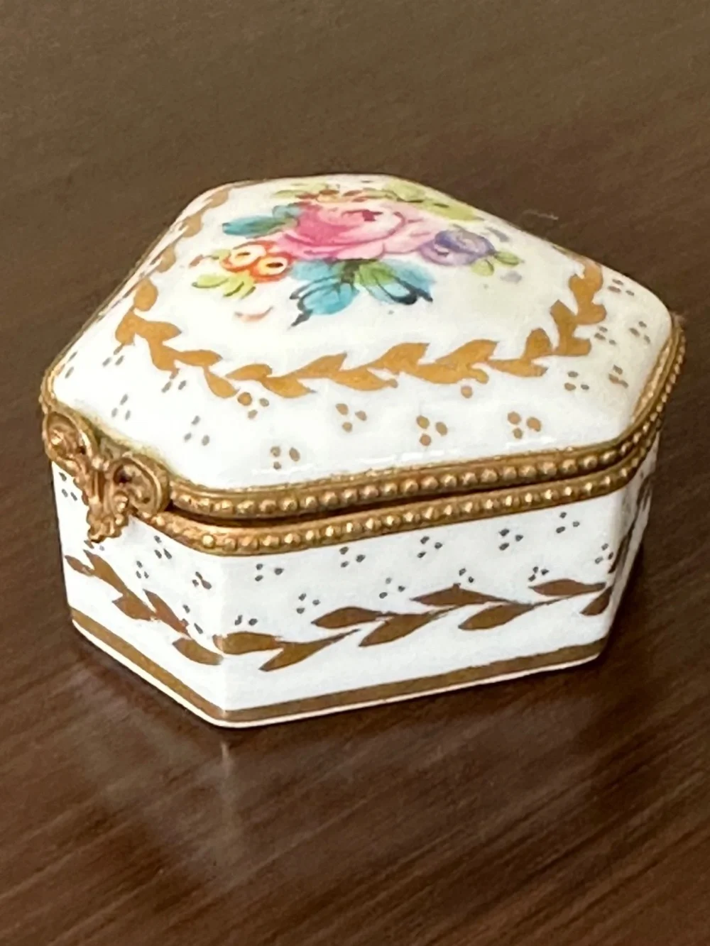 VTG Limoges France Porcelain Hexagon Trinket Box Hand Painted Floral Gold